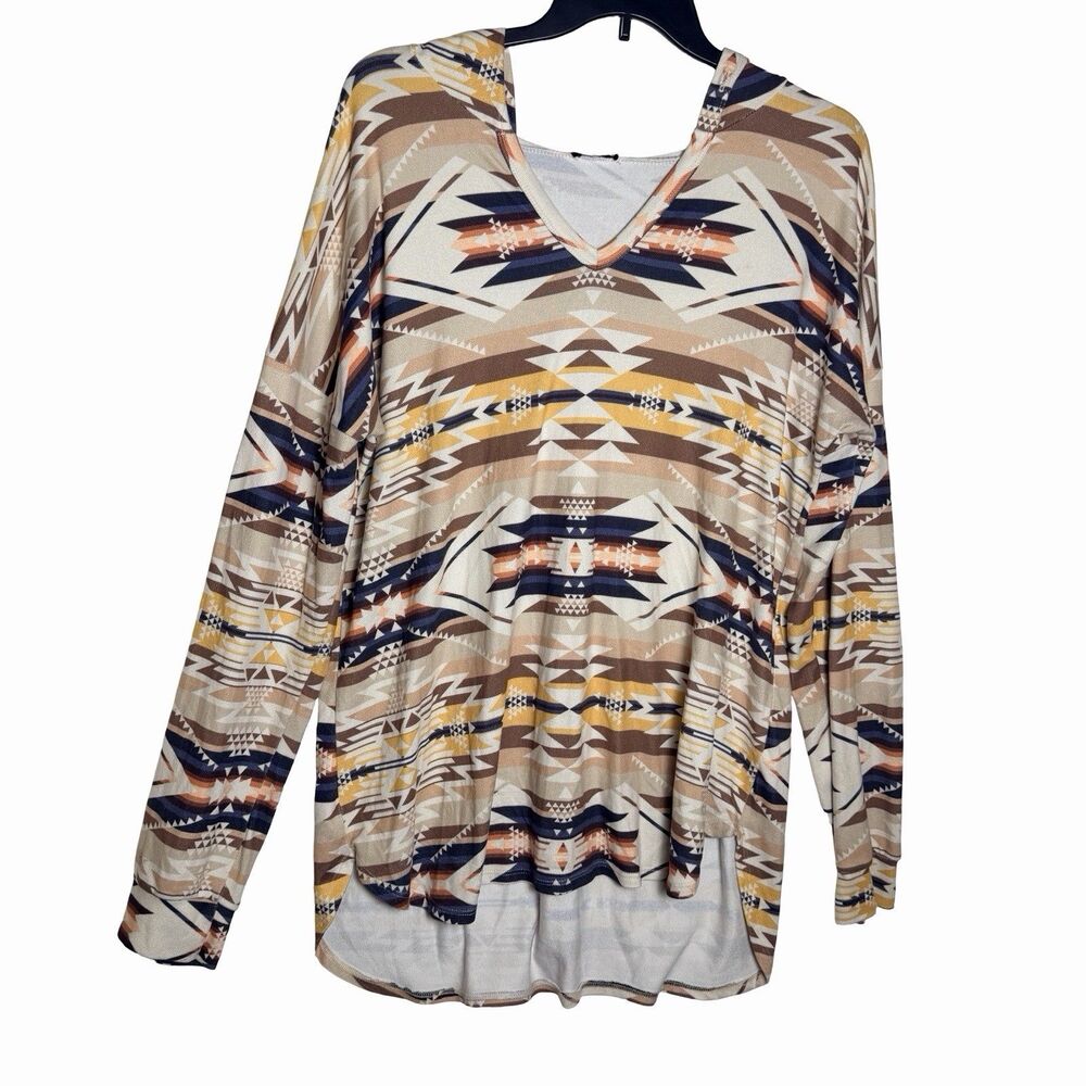 Southwestern Aztec Women’s 2X Long Sleeve Tunic Hoodie Heimish USA V-Neck PIC